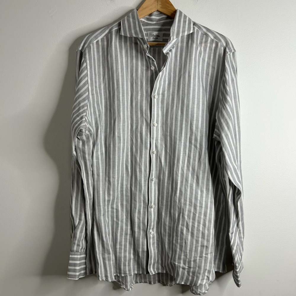 Stenströms‎ Mens Linen Fitted Body Striped Button Down Shirt Gray Size 44 17 1/2